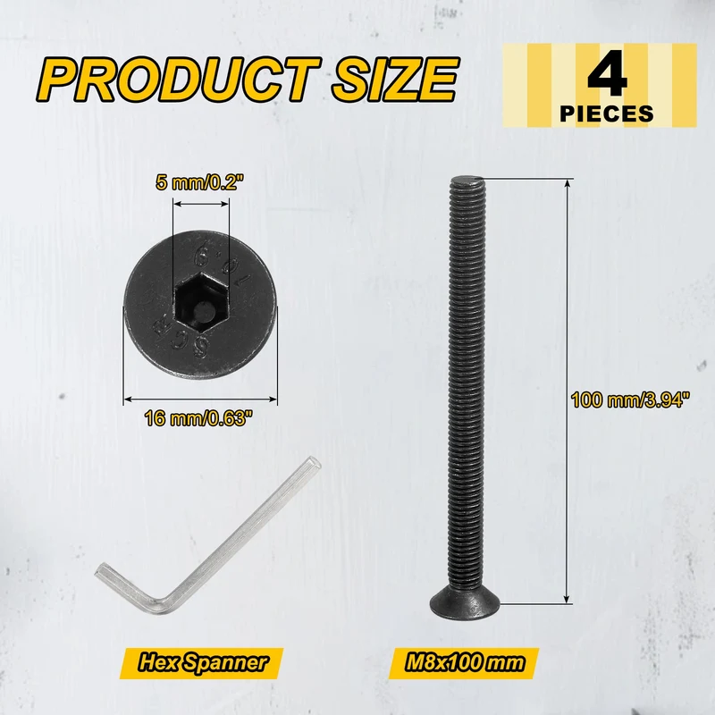 M8x100 mm Flat Head Socket Cap Screws, 4 Pcs Bolt with Hex Spanner, Black