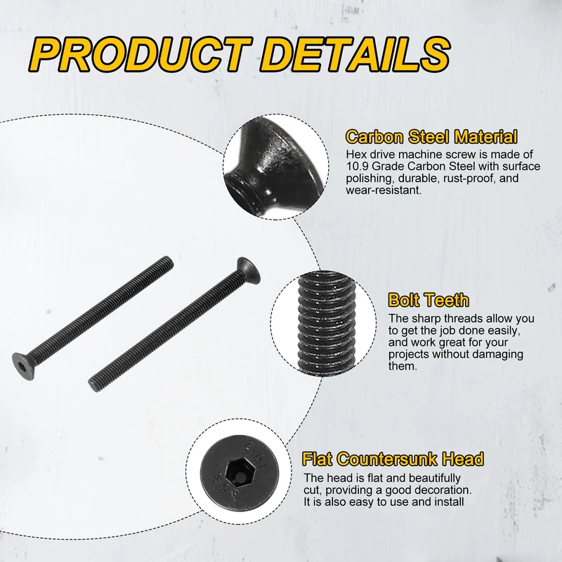 M8x100 mm Flat Head Socket Cap Screws, 4 Pcs Bolt with Hex Spanner, Black