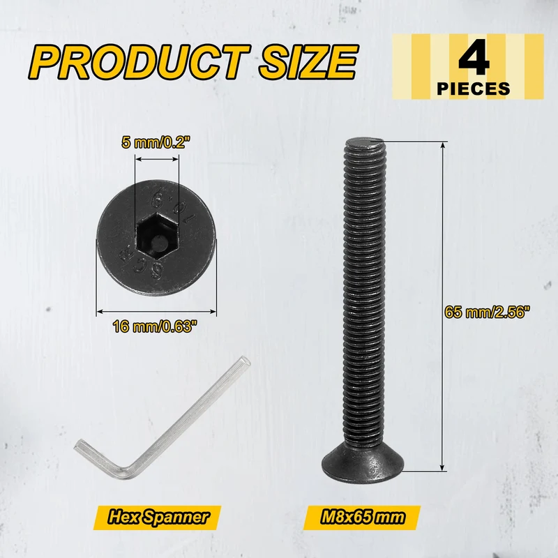 M8x65 mm Flat Head Socket Cap Screws, 4 Pcs Bolt with Hex Spanner, Black