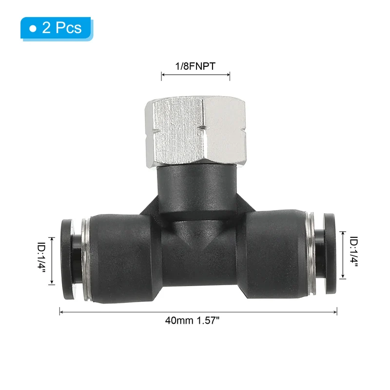 2Pcs Female Branch Tee 1/4" Tube OD x 1/8FNPT Thread Push to Connect Fittings