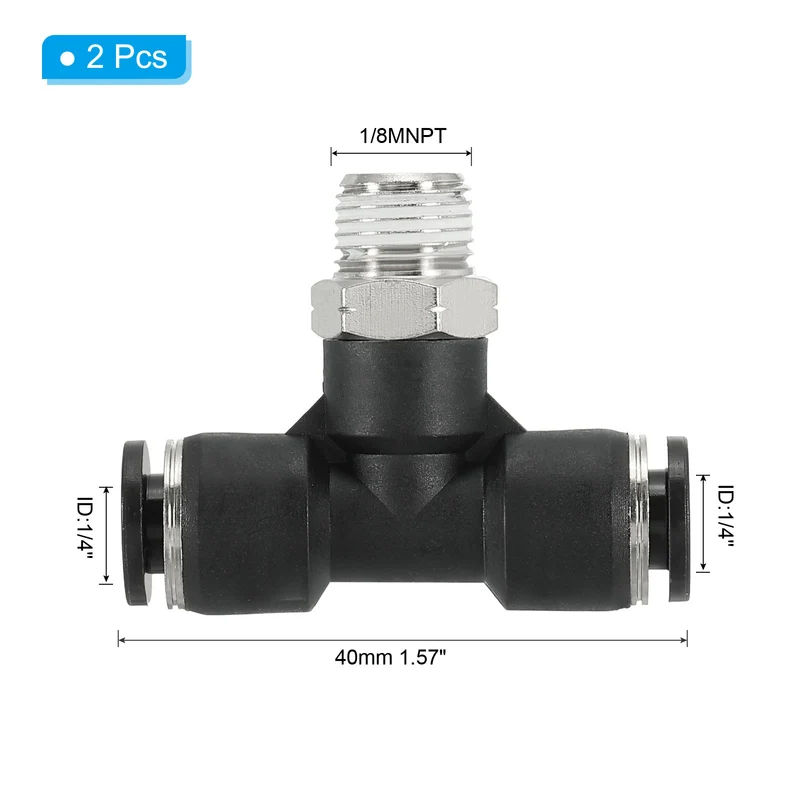 2Pcs Male Branch Tee 1/4" Tube OD x 1/8MNPT Thread Push to Connect Fittings