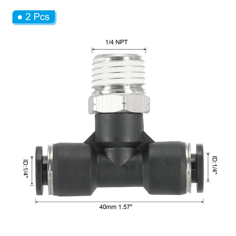 2Pcs Male Branch Tee 1/4" Tube OD x 1/4MNPT Thread Push to Connect Fitting