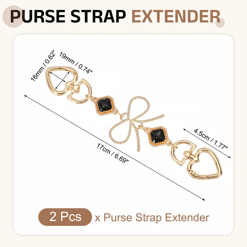 2Pcs Purse Strap Extender, Metal Bag Replacement Strap, Black Rhinestone Bow