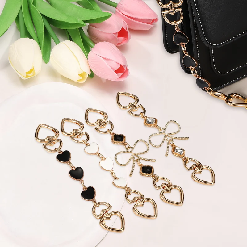 2Pcs Purse Strap Extender, Metal Bag Replacement Strap, Black Rhinestone Bow