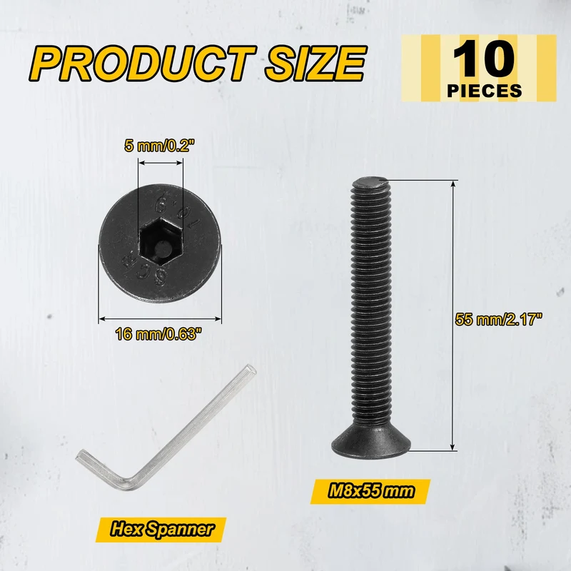 M8x55 mm Flat Head Socket Cap Screws, 10 Pcs Bolt with Hex Spanner, Black