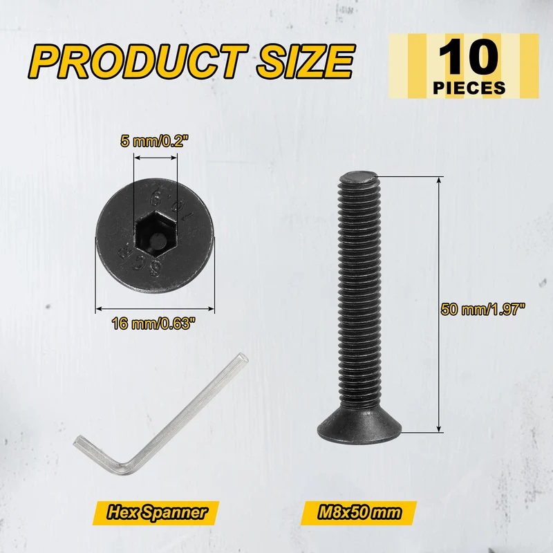 M8x50 mm Flat Head Socket Cap Screws, 10 Pcs Bolt with Hex Spanner, Black