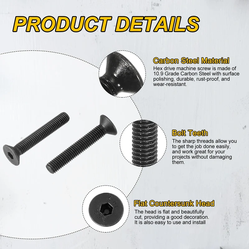 M8x50 mm Flat Head Socket Cap Screws, 10 Pcs Bolt with Hex Spanner, Black