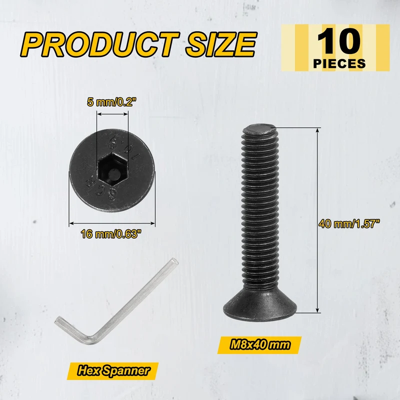 M8x40 mm Flat Head Socket Cap Screws, 10 Pcs Bolt with Hex Spanner, Black