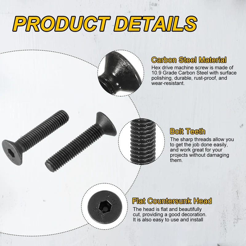 M8x40 mm Flat Head Socket Cap Screws, 10 Pcs Bolt with Hex Spanner, Black