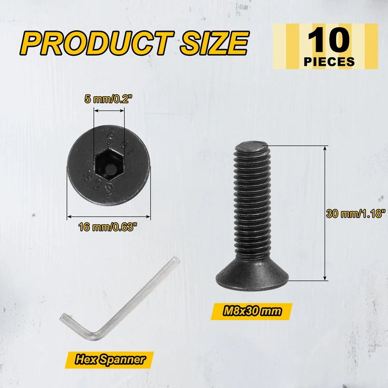 M8x30 mm Flat Head Socket Cap Screws, 10 Pcs Bolt with Hex Spanner, Black