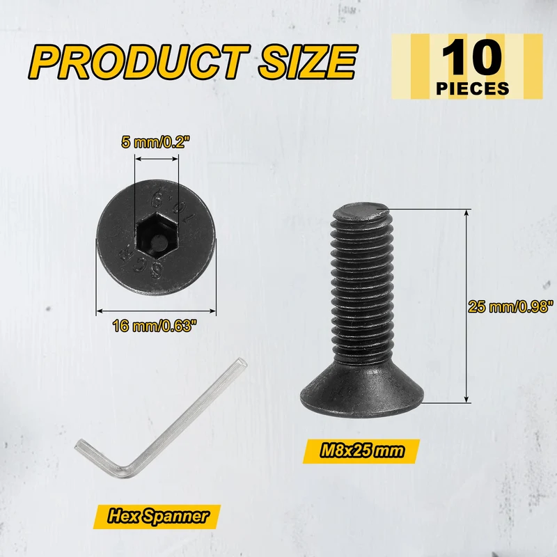 M8x25 mm Flat Head Socket Cap Screws, 10 Pcs Bolt with Hex Spanner, Black