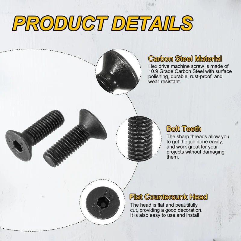 M8x25 mm Flat Head Socket Cap Screws, 10 Pcs Bolt with Hex Spanner, Black