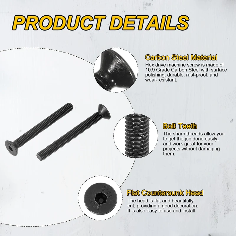 M5x45 mm Flat Head Socket Cap Screws, 20 Pcs Bolt with Hex Spanner, Black