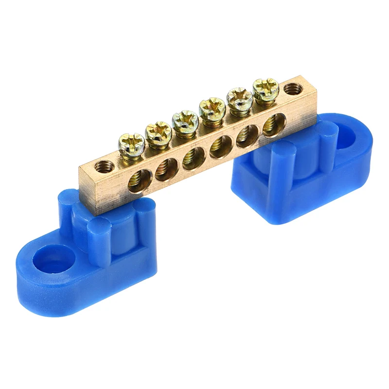 Terminal Ground Bar Screw Block Barrier Brass 6 Positions Blue for Electrical Distribution