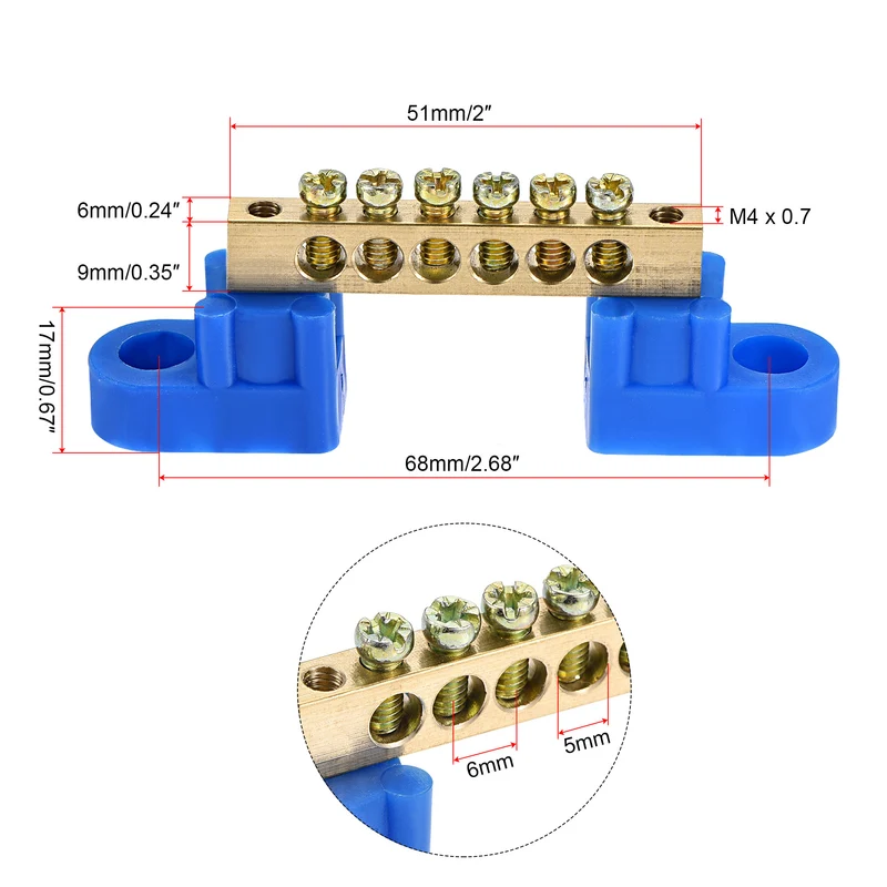 Terminal Ground Bar Screw Block Barrier Brass 6 Positions Blue for Electrical Distribution