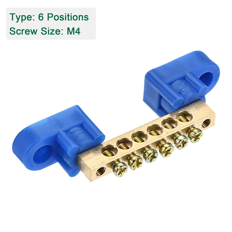 Terminal Ground Bar Screw Block Barrier Brass 6 Positions Blue for Electrical Distribution