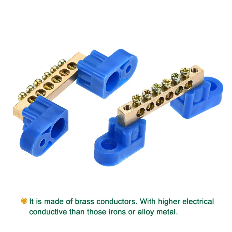 Terminal Ground Bar Screw Block Barrier Brass 6 Positions Blue for Electrical Distribution