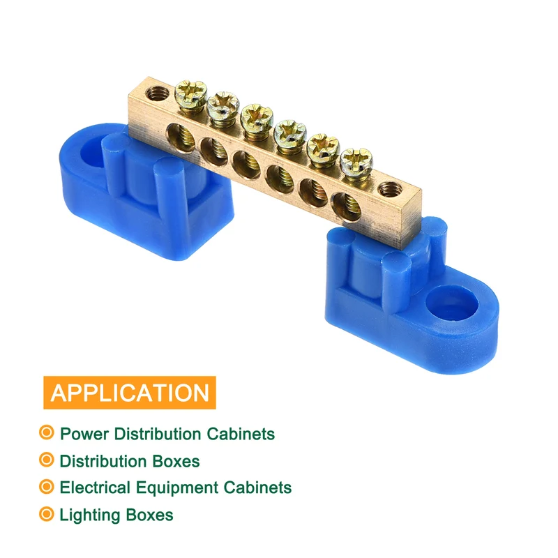 Terminal Ground Bar Screw Block Barrier Brass 6 Positions Blue for Electrical Distribution