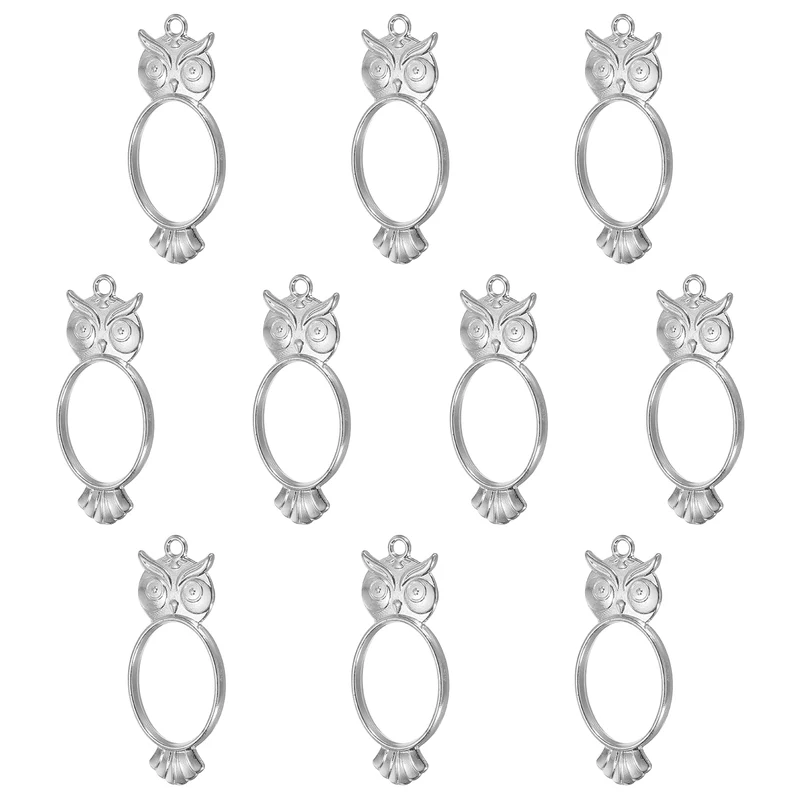 10Pcs Oval Owl Shaped Alloy Open Back Bezel Pendants Resin Frame, Silver Tone