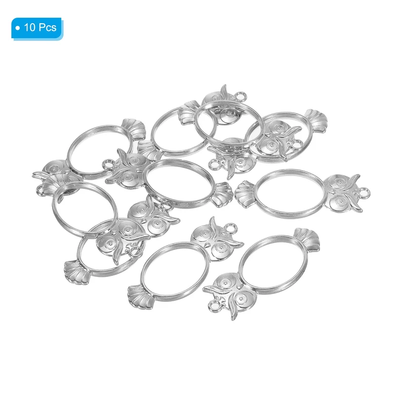 10Pcs Oval Owl Shaped Alloy Open Back Bezel Pendants Resin Frame, Silver Tone
