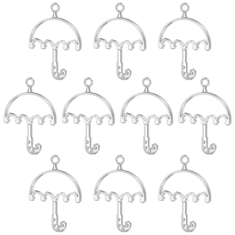 10Pcs Umbrella Shaped Alloy Open Back Bezel Pendants Resin Frame, Silver Tone