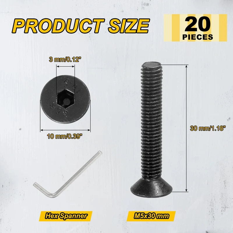 M5x30 mm Flat Head Socket Cap Screws, 20 Pcs Bolt with Hex Spanner, Black