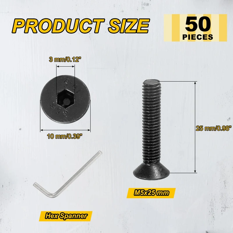 M5x25 mm Flat Head Socket Cap Screws, 50 Pcs Bolt with Hex Spanner, Black