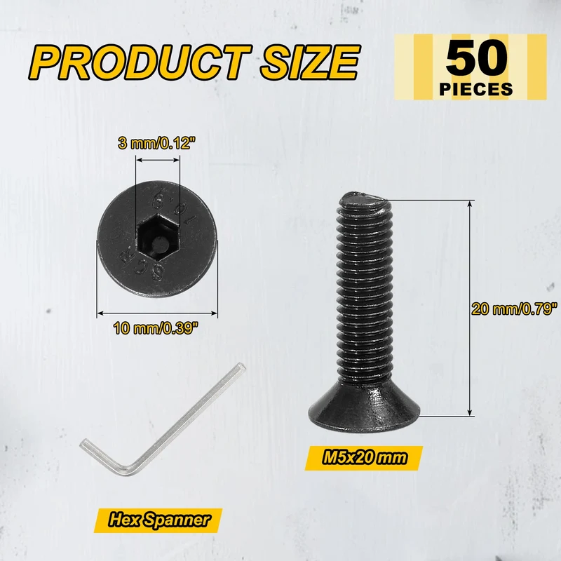 M5x20 mm Flat Head Socket Cap Screws, 50 Pcs Bolt with Hex Spanner, Black