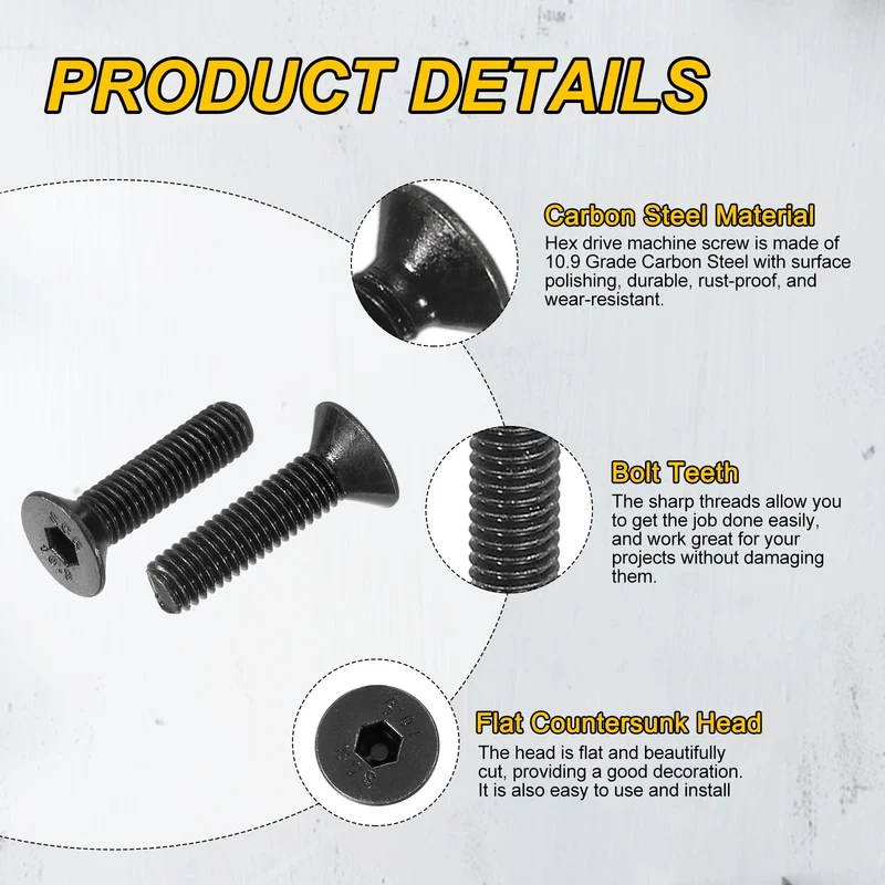 M5x20 mm Flat Head Socket Cap Screws, 50 Pcs Bolt with Hex Spanner, Black