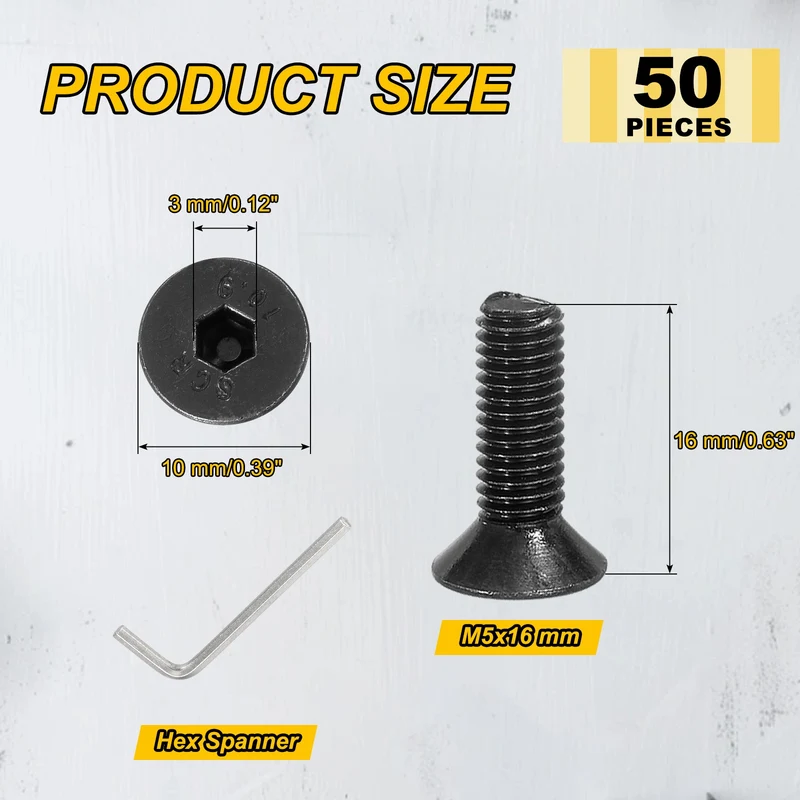 M5x16 mm Flat Head Socket Cap Screws, 50 Pcs Bolt with Hex Spanner, Black