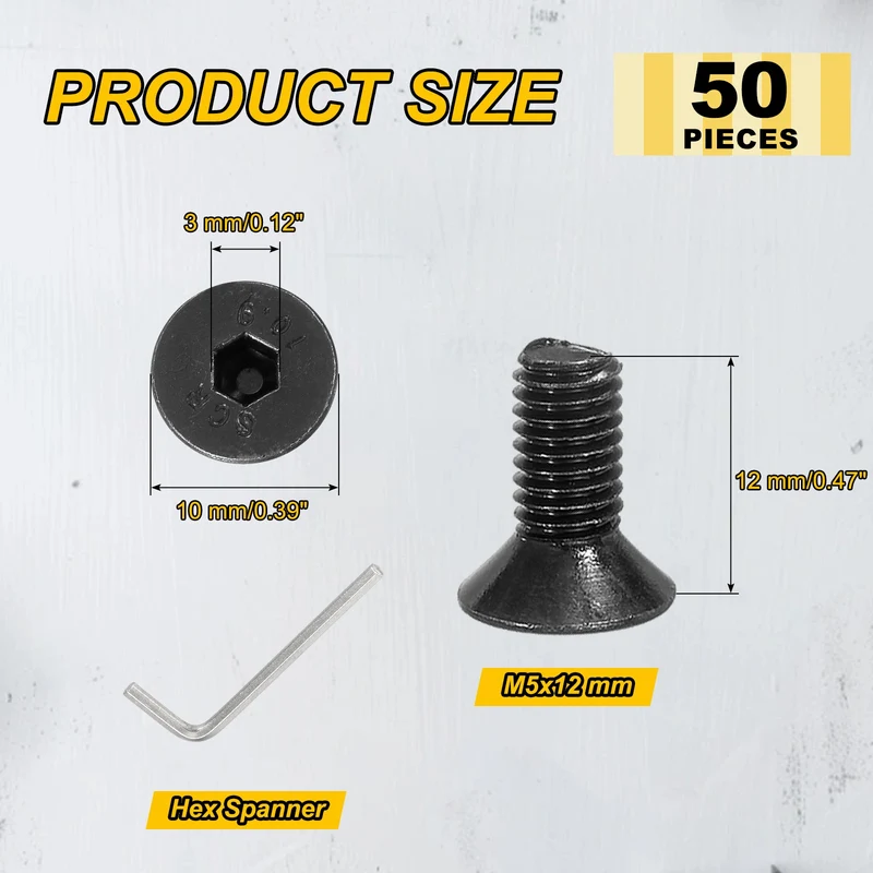 M5x12 mm Flat Head Socket Cap Screws, 50 Pcs Bolt with Hex Spanner, Black