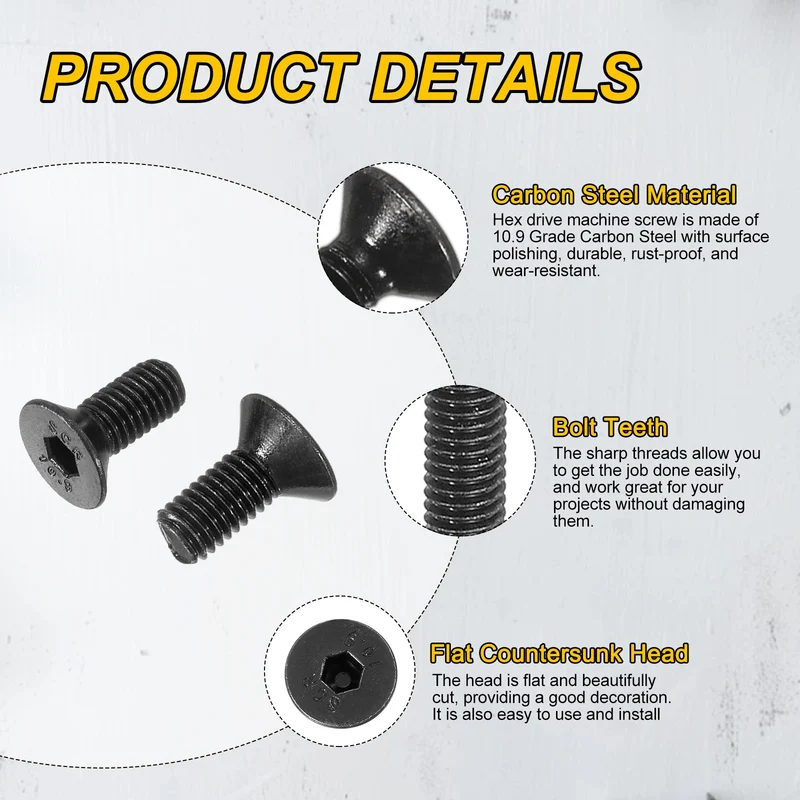 M5x12 mm Flat Head Socket Cap Screws, 50 Pcs Bolt with Hex Spanner, Black