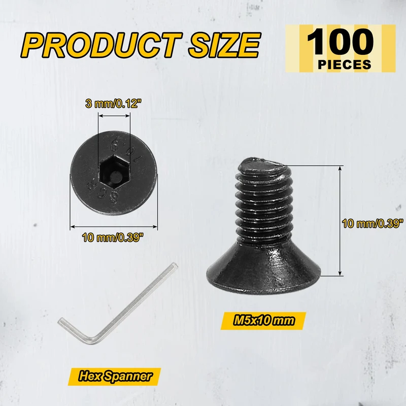 M5x10 mm Flat Head Socket Cap Screws, 100 Pcs Bolt with Hex Spanner, Black