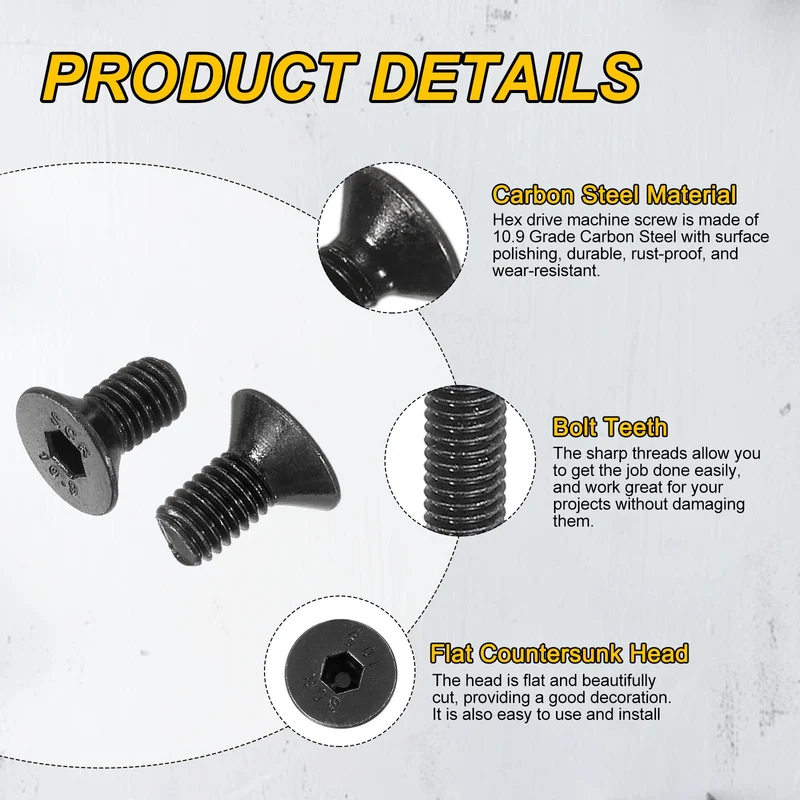 M5x10 mm Flat Head Socket Cap Screws, 100 Pcs Bolt with Hex Spanner, Black