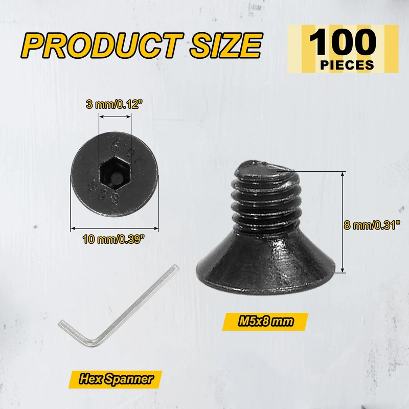 M5x8 mm Flat Head Socket Cap Screws, 100 Pcs Bolt with Hex Spanner, Black