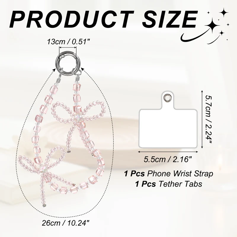 Phone Wrist Strap, 10" Crystal Beaded Phone Lanyard with Tether Tabs, Pink