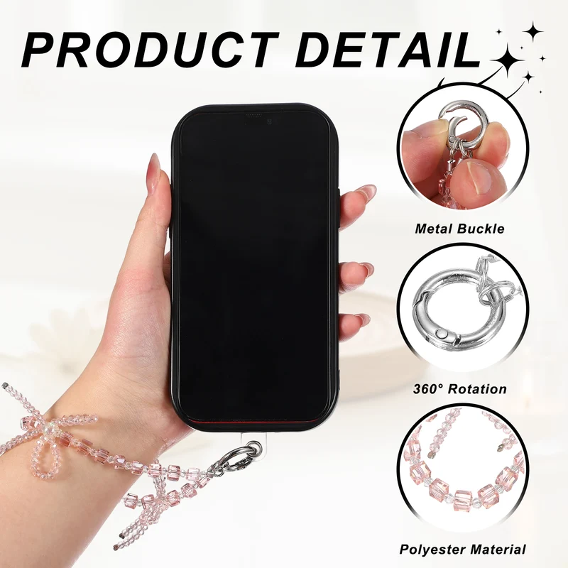 Phone Wrist Strap, 10" Crystal Beaded Phone Lanyard with Tether Tabs, Pink