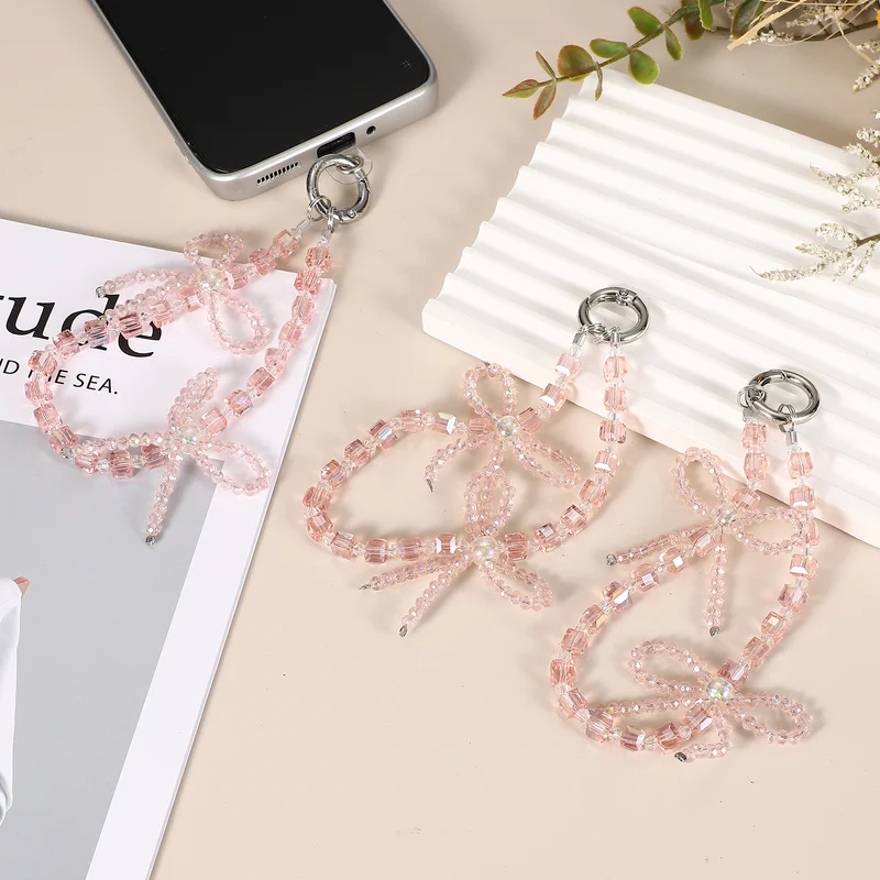 Phone Wrist Strap, 10" Crystal Beaded Phone Lanyard with Tether Tabs, Pink