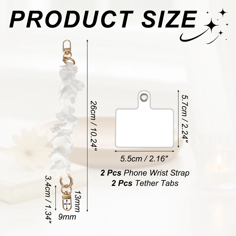 2Pcs Phone Wrist Strap, 10" Hands-Free Phone Lanyard with Gold Buckle, White