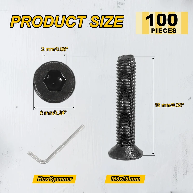 M3x16 mm Flat Head Socket Cap Screws, 100 Pcs Bolt with Hex Spanner, Black