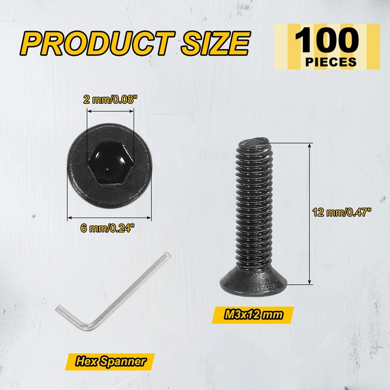 M3x12 mm Flat Head Socket Cap Screws, 100 Pcs Bolt with Hex Spanner, Black