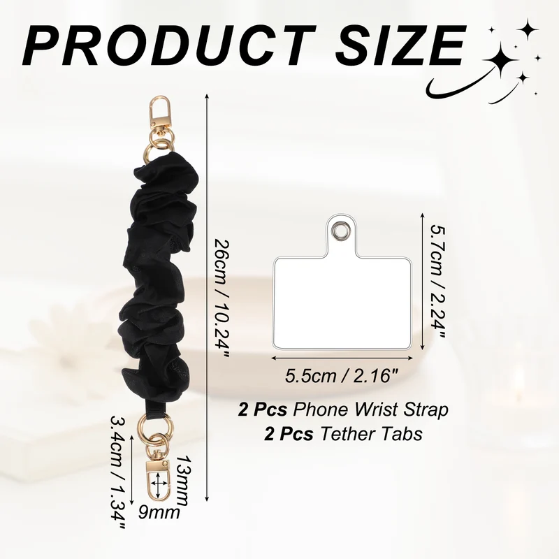 2Pcs Phone Wrist Strap, 10" Hands-Free Phone Lanyard with Gold Buckle, Black