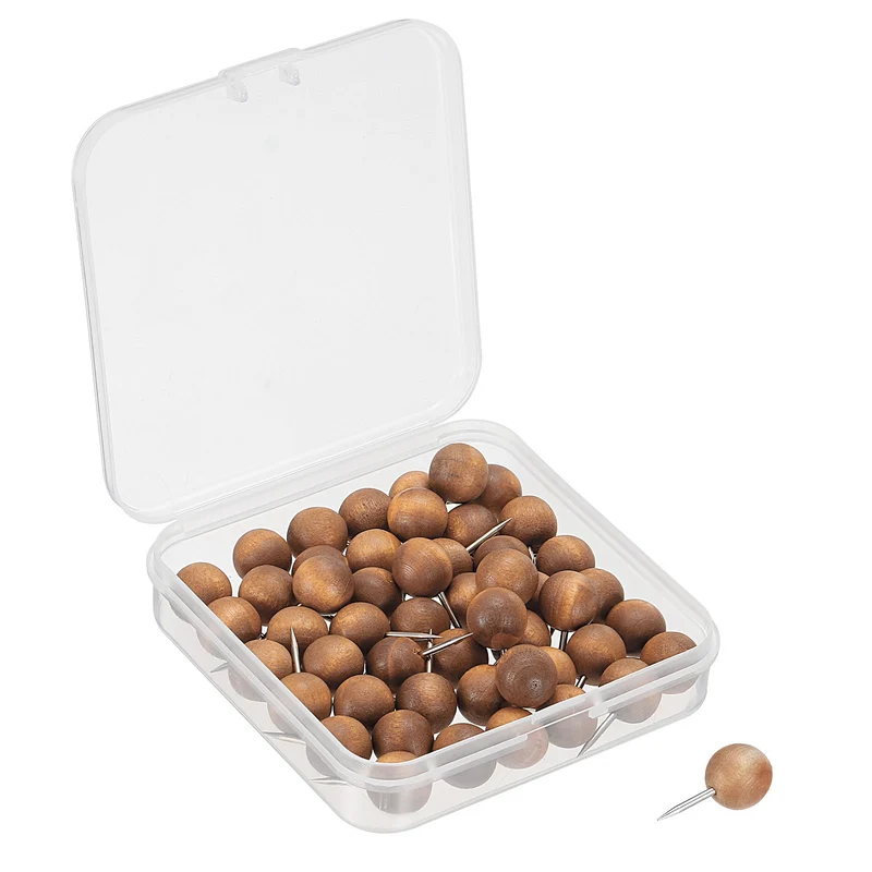 Wooden Push Pins Walnut Thumb Tacks Decorative Wood Round Head Steel Needle for Document Map