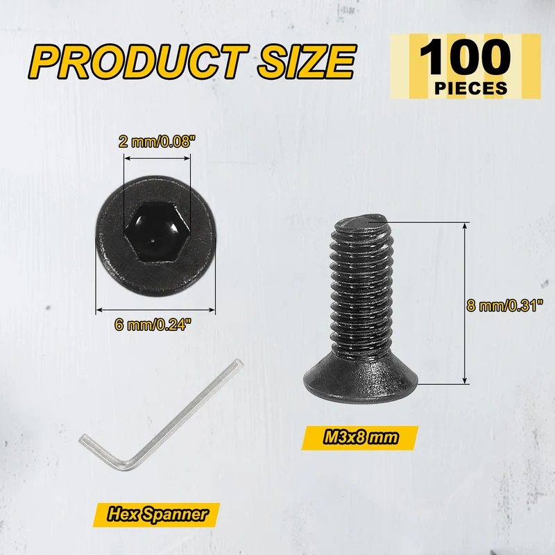 M3x8 mm Flat Head Socket Cap Screws, 100 Pcs Bolt with Hex Spanner, Black