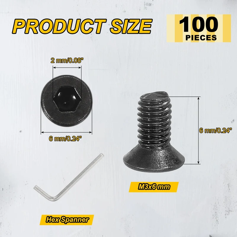 M3x6 mm Flat Head Socket Cap Screws, 100 Pcs Bolt with Hex Spanner, Black