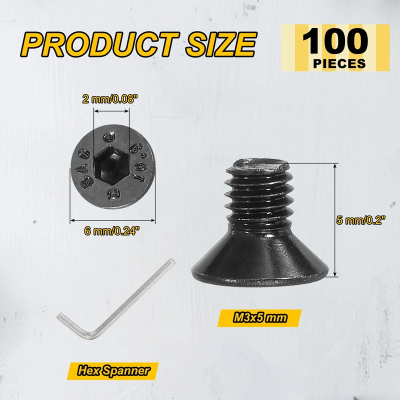 M3x5 mm Flat Head Socket Cap Screws, 100 Pcs Bolt with Hex Spanner, Black