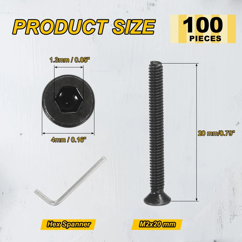 M2x20 mm Flat Head Socket Cap Screws, 100 Pcs Bolt with Hex Spanner, Black