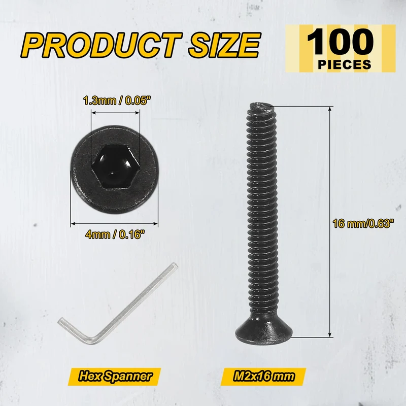 M2x16 mm Flat Head Socket Cap Screws, 100 Pcs Bolt with Hex Spanner, Black