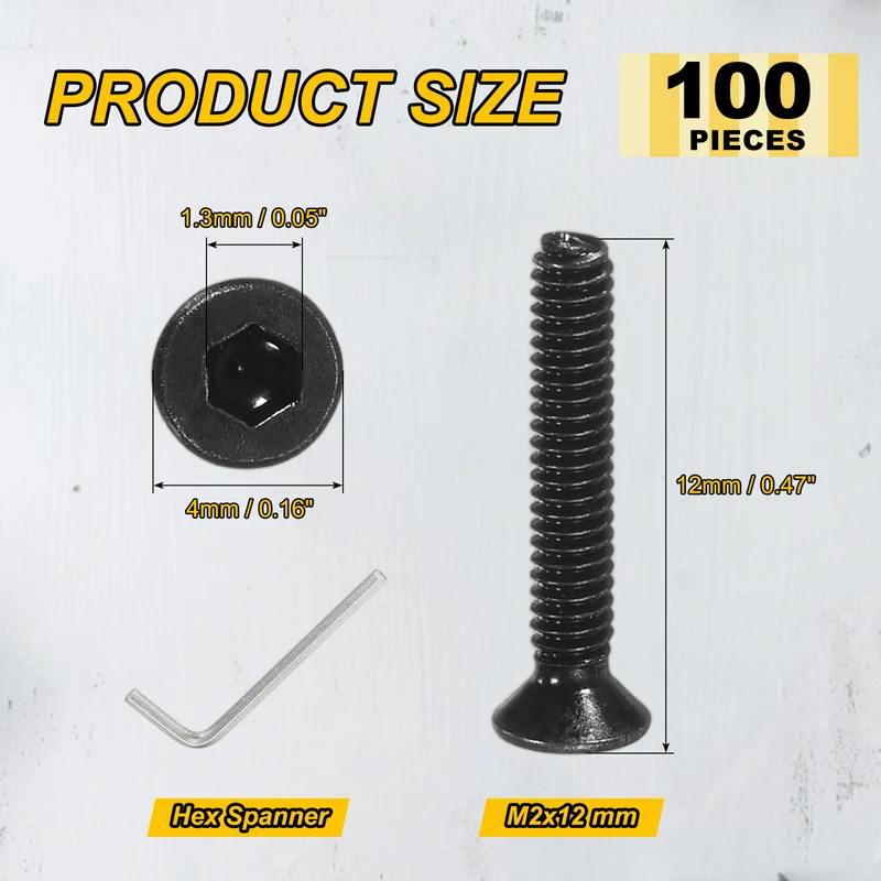 M2x12 mm Flat Head Socket Cap Screws, 100 Pcs Bolt with Hex Spanner, Black