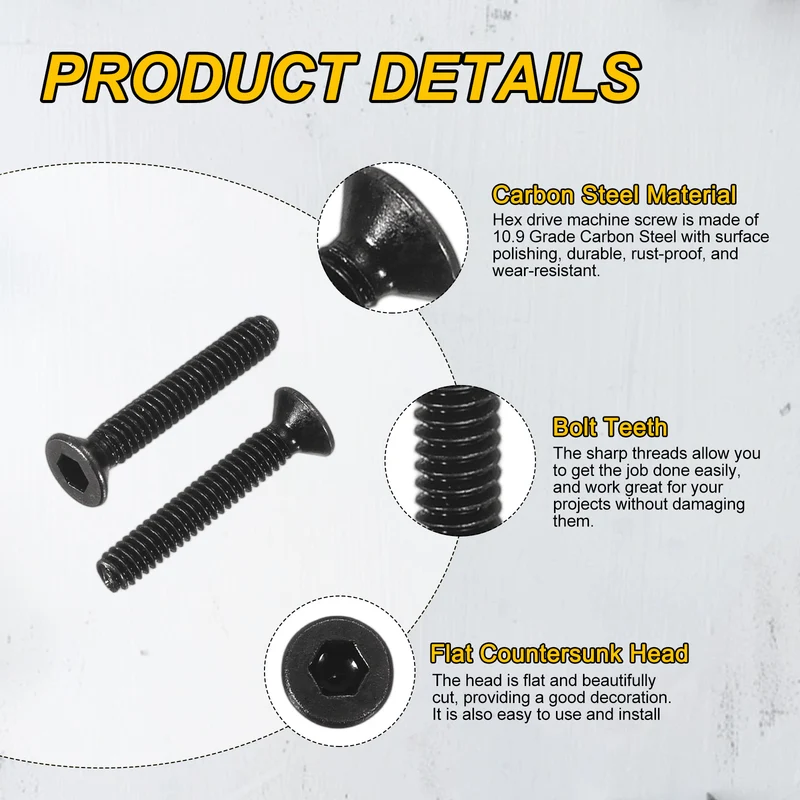 M2x12 mm Flat Head Socket Cap Screws, 100 Pcs Bolt with Hex Spanner, Black